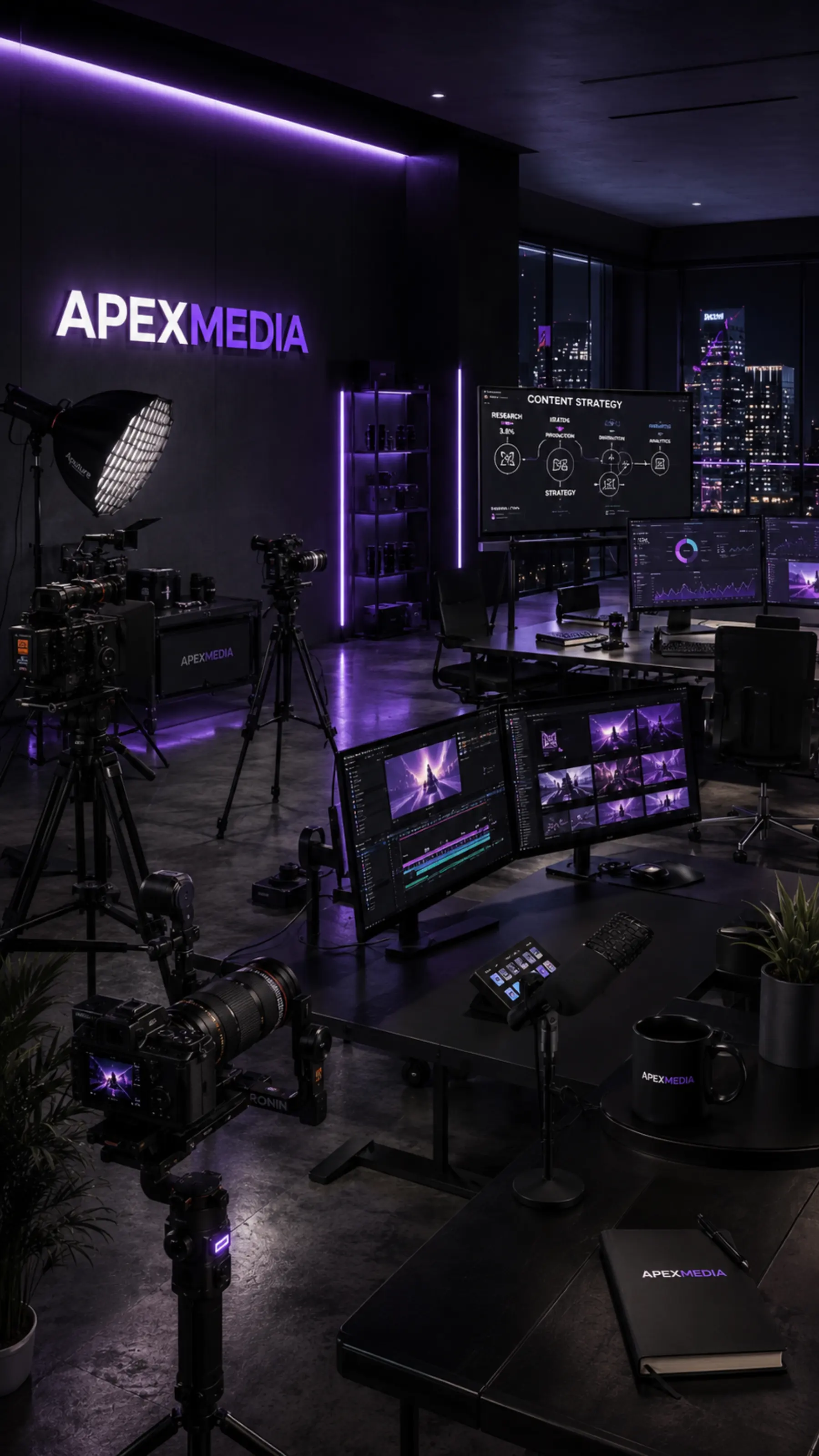 Studio creativo Apex Media con luci viola, videocamere e timeline di editing