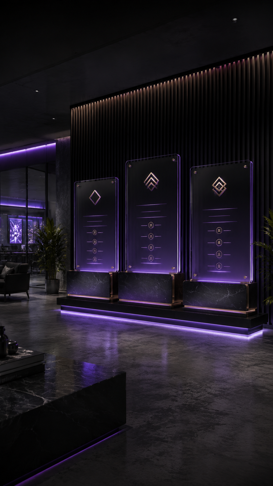 Showroom premium Apex Media con tre pannelli luminosi per i pacchetti