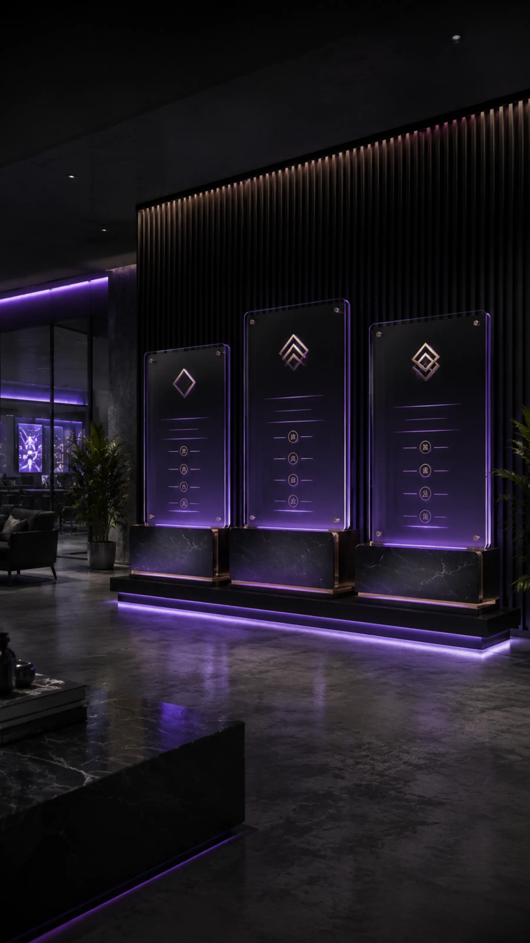 Showroom premium Apex Media con tre pannelli luminosi per i pacchetti