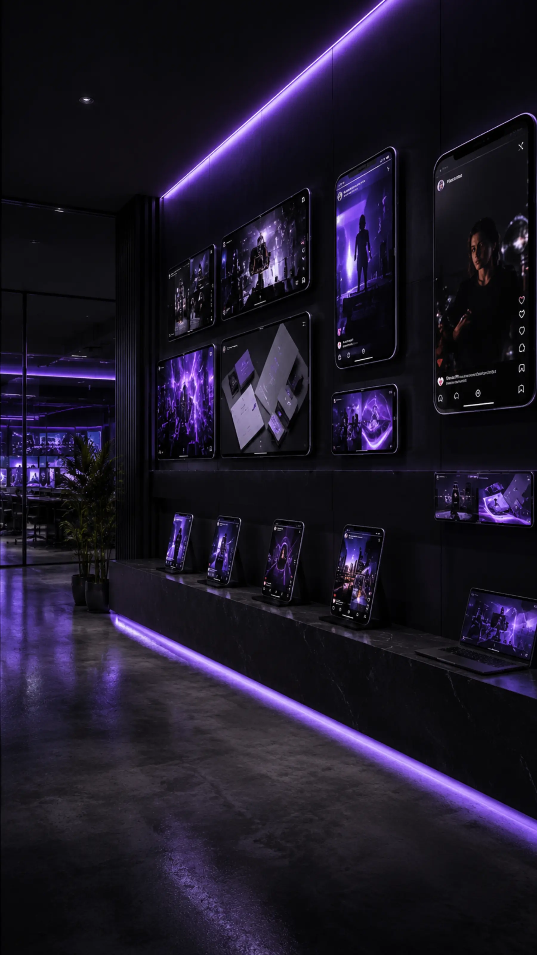 Parete portfolio Apex Media con smartphone, reel e mockup digitali